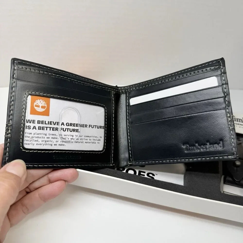 Timberland Black Leather Bifold Wallet With Matching Key Fob Gift Set New